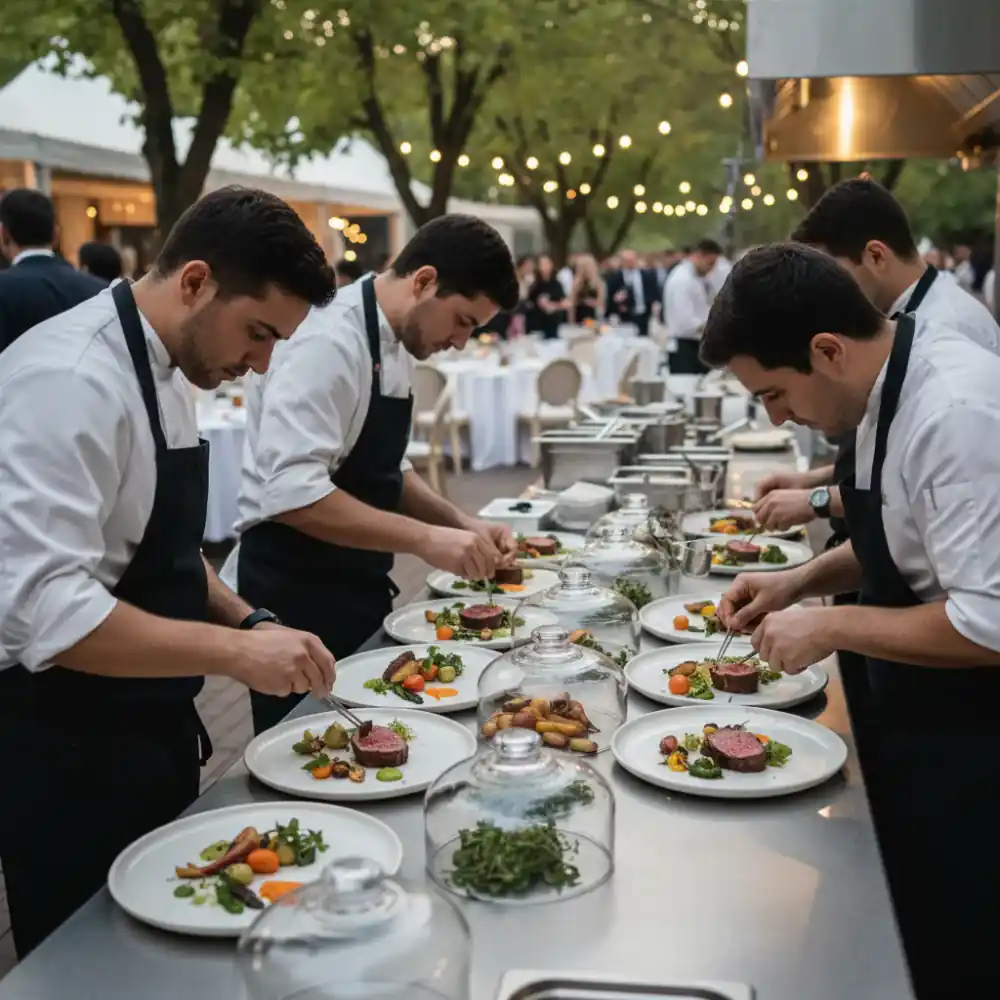 Catering team plating sous vide dishes at an event