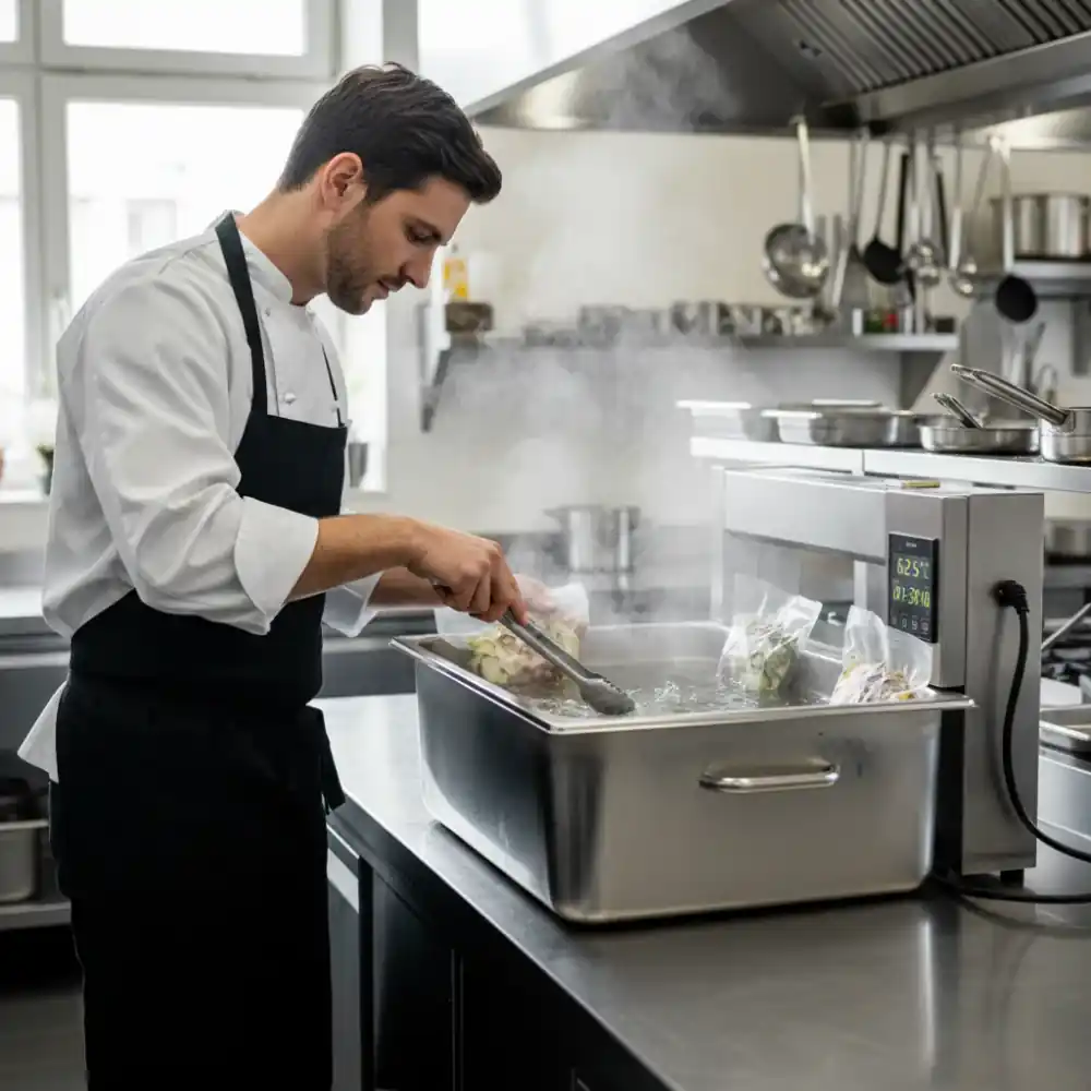 Chef using sous vide bath on a busy service line