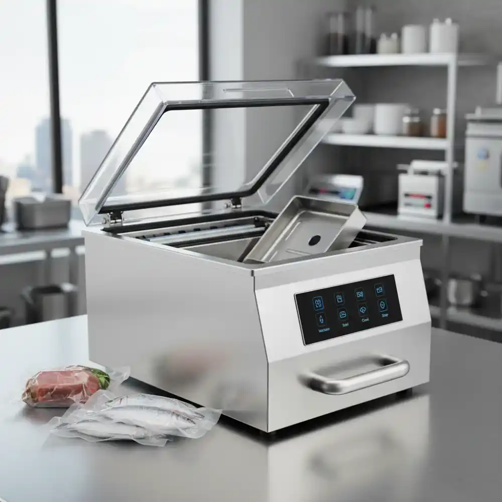 Commercial chamber vacuum sealer on prep table