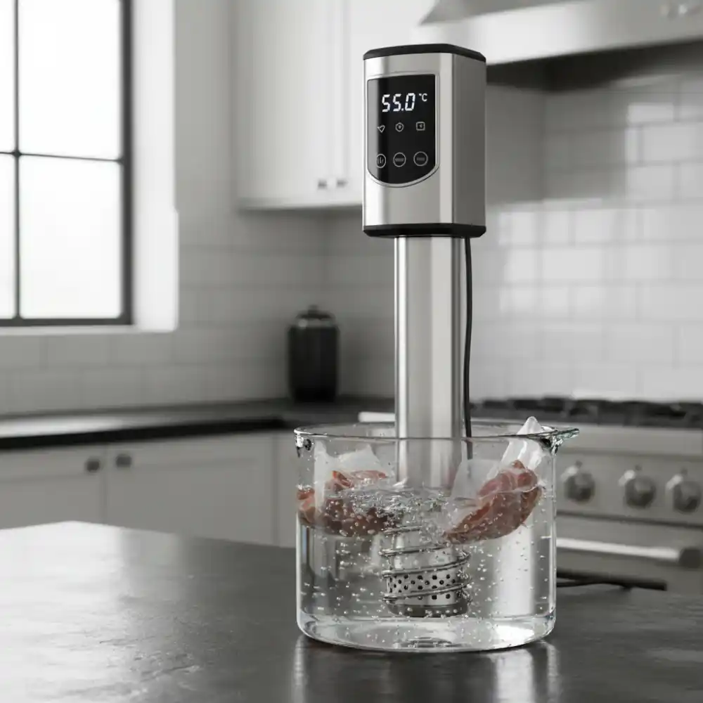 Commercial immersion circulator clipped to a stainless pan