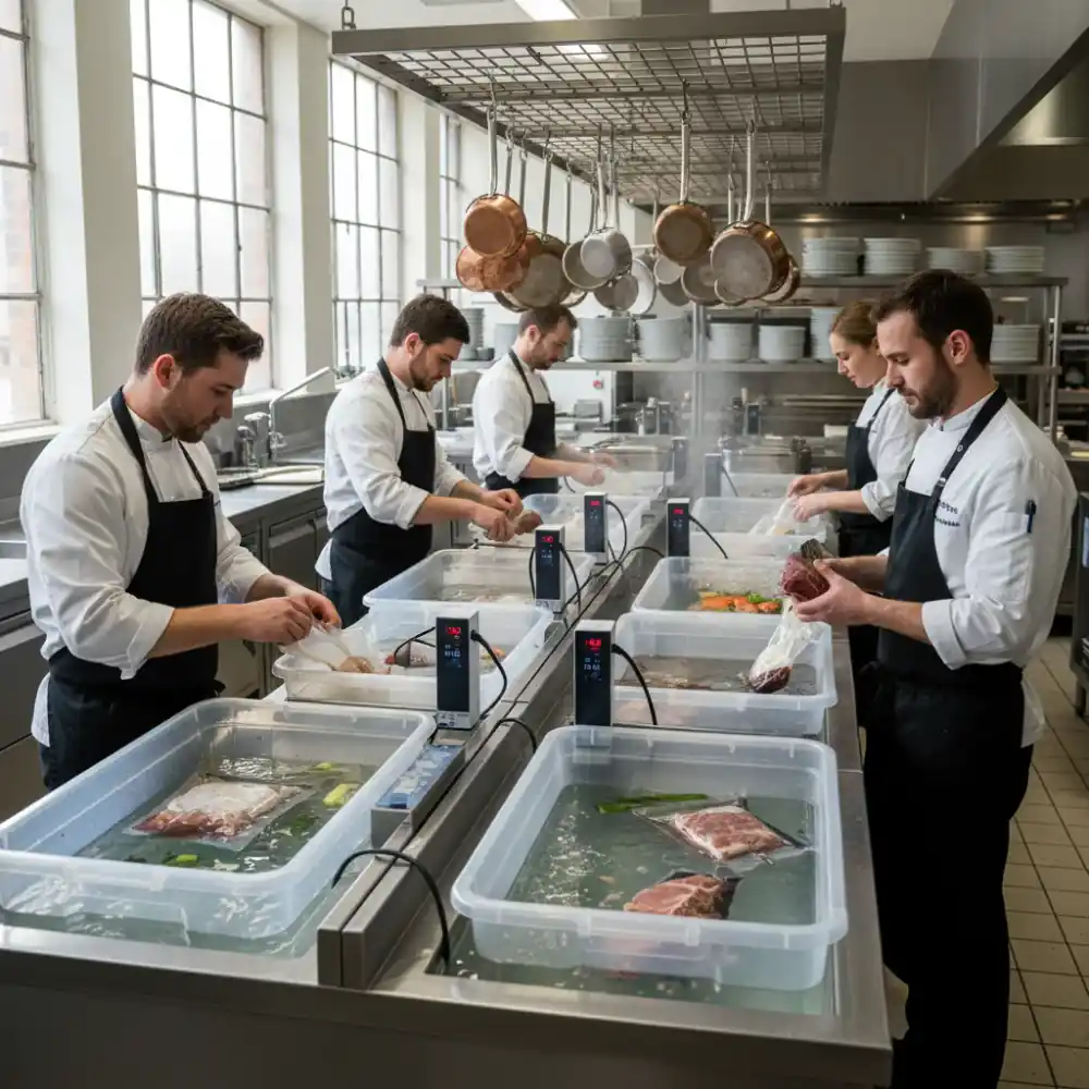 Commercial kitchen team using sous vide equipment