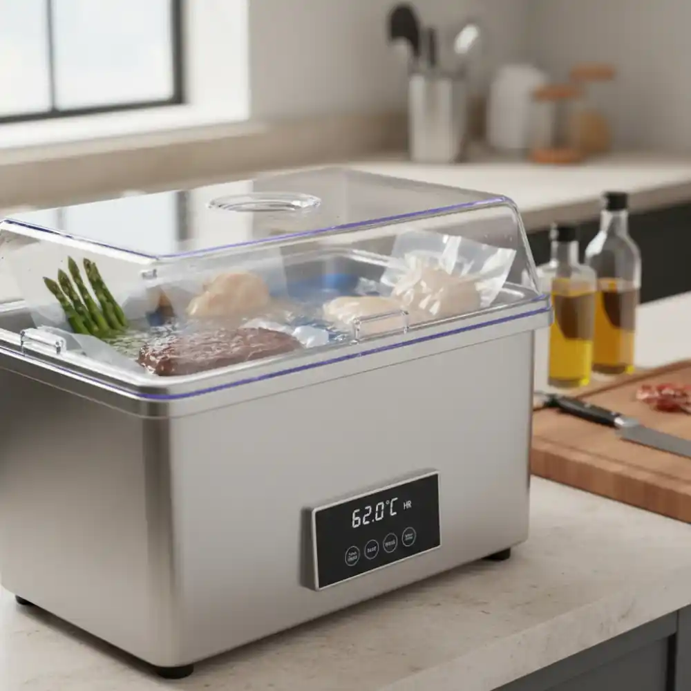 Commercial sous vide water bath on a stainless counter